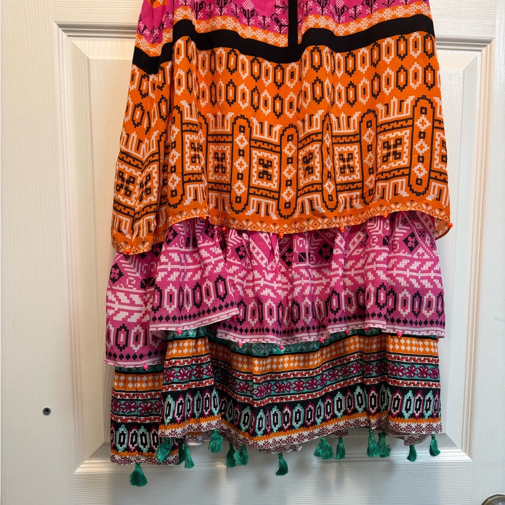 HEMANT & NANDITA Orange and Pink Embellished Tiered Mini Sundress 100% Silk - Picture 10 of 10